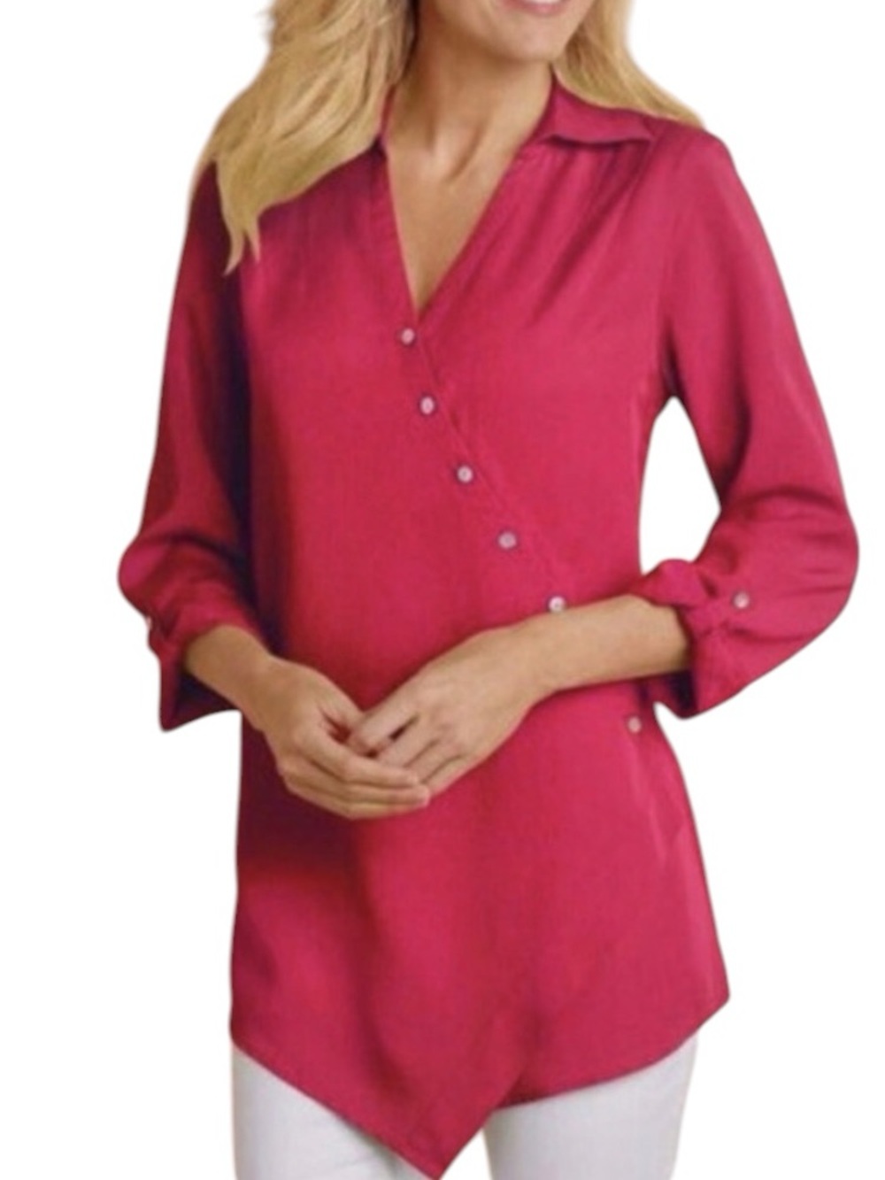 Soft Surroundings Washed Magenta Button-Accent Asymmetric V-Neck Tunic
